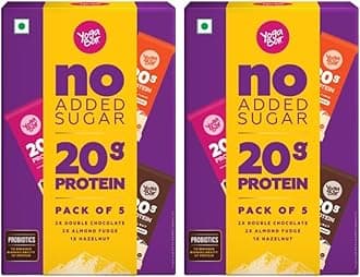 Yogabar No Added Sugar 20g Protein Bars | High Protein & Energy Bars | Added Probiotics & Whey | 20g Protein & 10g Fibre Nutrition Bars| Pack of 10 Bars x 70grams Each | No Preservatives | Pack of 2