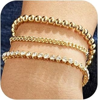 Gold Bracelets for Women, 14K Gold Plated Link Cubic Zirconia Classic Tennis Bracelet, Cuban Chain Dainty Bracelet Pack Jewelry for Women