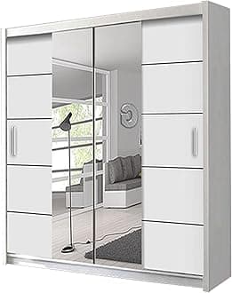 OSLO Mirrored Sliding Door Wardrobe – Modern Bedroom Storage with Mirror Doors, Shelves & Hanging Rails – White, 150cm