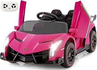 2 Seater Kids Ride on Car, 12V 4WD Licensed Lamborghini Veneno Powered Electric Vehicle with Hydraulic Doors, Rocking Mode, Adjustable Speeds, Remote Control, MP3, Headlight (Coral)