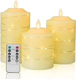 Battery Operated Flameless LED Candles: with Embedded String Lights, 3 Pack Flickering Electric Candle with 10-Key Remote Control for Seasonal Festival Celebration Real Wax(Batteries not Included)