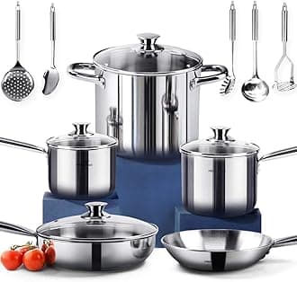 14-Piece Nickel Free Stainless Steel Cookware Set - Nickel Free Non-Toxic Stainless Steel Pots and Pans Set - Healthy Induction Cookware