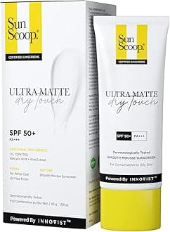 SunScoop Ultra Matte Dry Touch Sunscreen SPF 50 PA+++ | Matte Finish | Zinc Oxide & 0.1% ww Salicylic Acid for Oily Skin | Broad Spectrum, Non Comedogenic & No White Cast | For Women & Men - 45gm
