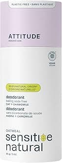 ATTITUDE Baking Soda Free Deodorant for Sensitive Skin with Oatmeal and Chamomile, EWG Verified, Aluminum Free, Plastic-Free, 3 Ounces