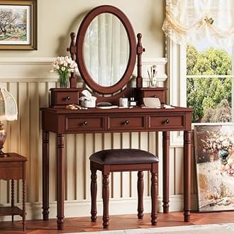 Merax 38" Vintage Vanity Set with Oval Mirror - Adjustable Makeup Desk with 5 Drawers & Matching Stool, 180° Tilt Mirror, Classic Carved Design for Bedroom/Dressing Room, Walnut