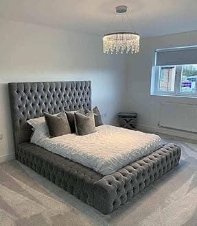 Beds & Co Grey Plush Velvet Upholstered Regal Ambassador Bed Frame and Headboard - Mattress - Hand Made in the UK (Steel-Plush Velvet, Super King With Mattress 6FT)