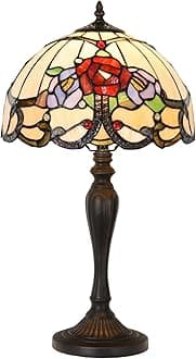 TL0011 Tiffany Lamp Rose Flowers Design Stained Glass Table Lamp for Living Room Bedside Bedroom Office, Vintage Look Handcrafted Accent Décor, LED Bulb Included