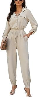 CUPSHE Women Jumpsuit Long Sleeve Button-Front Drawstring Waist Maxi Jogger Jumpsuit Overalls Pockets Casual Pleated Long Romper