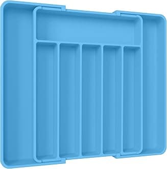 Aujen Silverware Organizer - Expandable Kitchen Drawer Organizer, Adjustable Utensil Organizer, Cutlery Tray for Forks, Knives, Multipurpose Kitchen Organizers and Storage Solution, Dark Blue, Large