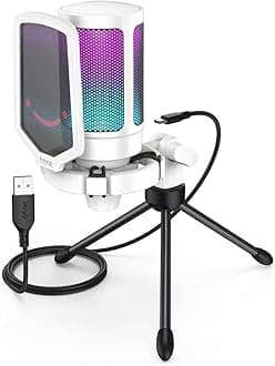 AmpliGame USB Microphone, PC Gaming Recording Desktop Laptop Mic, RGB Streaming Podcasting Condenser Mic for Online Game, Vocal, with Mute Button, Gain Knob, Tripod Stand-A6V White