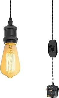 4.5 Meters of Black Twisted Fabric Cable Plug In Pendant Lighting Kit Pendant Light Fitting with Dimmer Switch and E27 Black Lamp Holder