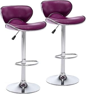 PU Leather Adjustable Bar Stools, Modern Swivel Airlift Barstools with Back, Armless Counter Height Chairs for Kitchen Dining Pub Cafe Set of 2 (Purple)