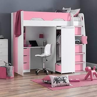 happybeds High Sleeper Storage Bed, Pegasus Wood Modern Desk Wardrobe Drawers Cupboards Loft Bunk (3FT - Orthopaedic Mattress, Pink and White)