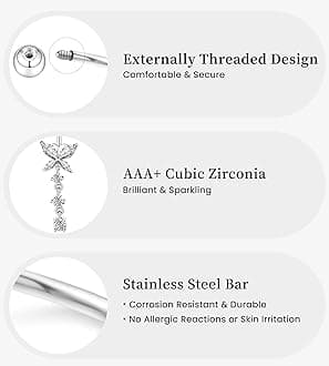 Belly Button Ring Dangle Navel Belly Piercing Jewelry Cute Pink CZ Heart Butterfly Bow Flower Navel Belly Rings for Women 14G Silver Stainless Steel Dainty Dangly Dangling Belly Button Piercing