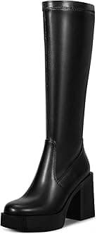 wetkiss Platform Knee High Boots Women Chunky High Heel Black Boots for Women Gogo Boot with Side Zipper Stretchy Party Festival Cosplay Halloween Boot Not for Wide Calf