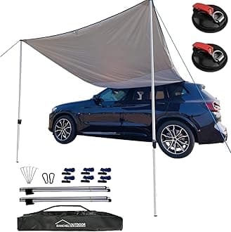 DANCHEL OUTDOOR Portable Suction Cups Car Awning Overland Camping, Needn't Roof Rack Mounting, Waterproof Vehicle Camper Awning Tarp for SUV Truck, 7.7lbs 6.5ftx9.8ft Gray