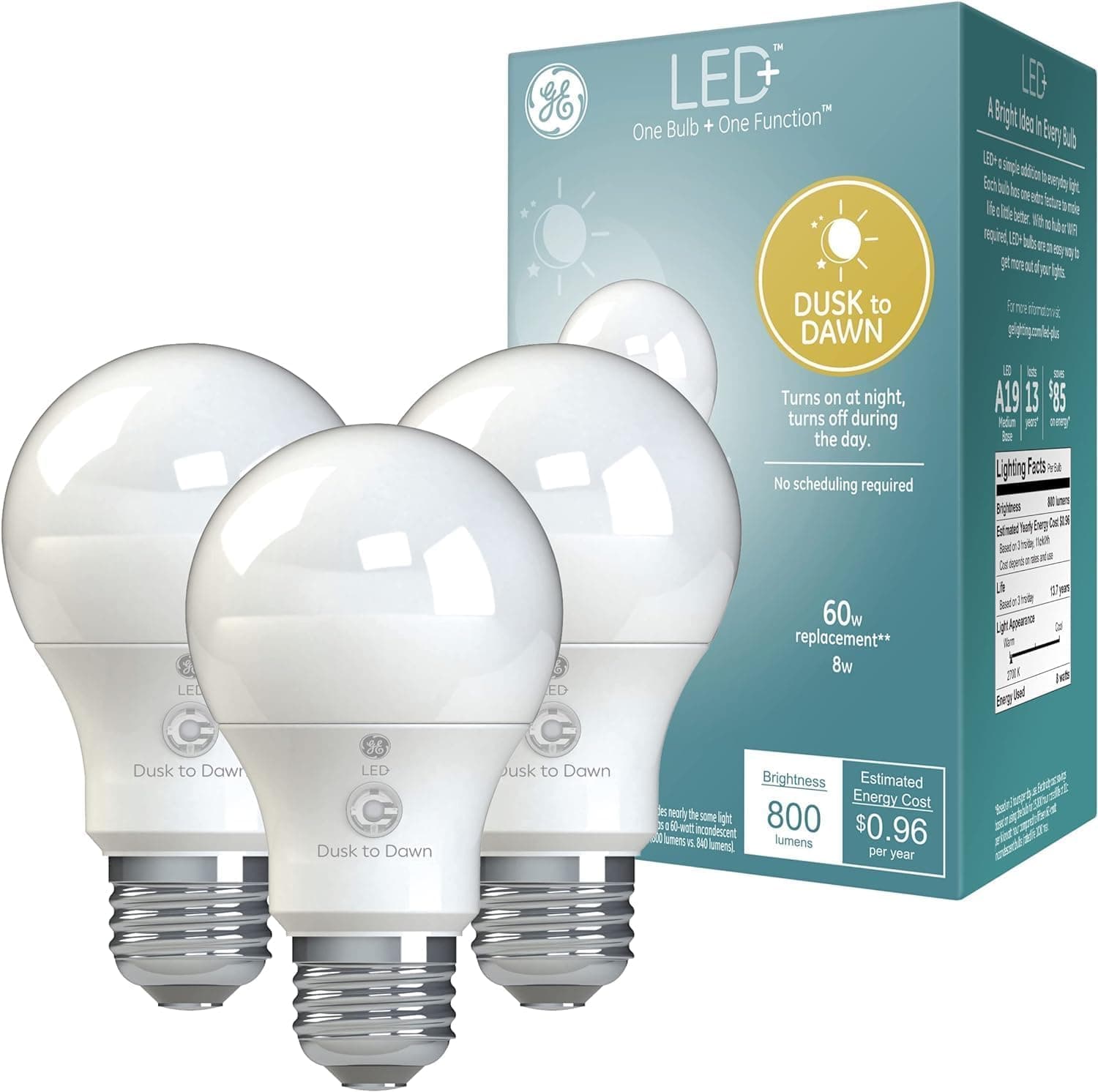 GE LED+ Dusk to Dawn A19 LED Light Bulbs, Automatic On/Off Outdoor Light, 8.5W, Soft White (3 Pack)