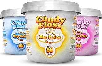 MacCorns - Cotton Candy Floss Bucket Stack - Blue, Pink & White | Traditional Spun Candy Floss, Ideal for Cocktails, Desserts Garnish and Parties - 3 x 10ltr Resealable Mega Buckets