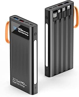 Portable Charger with Built in Cables,10000mAh Power Bank with LED Lamp Fast Charging 3.0 USB C External Battery Pack Phone Charger with LED Display for iPhone, Samsung and Cell Phones (Black)