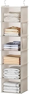 YOUDENOVA Hanging Closet Organizer, 6-Shelf Closet Hanging Storage with Side Pockets, Beige