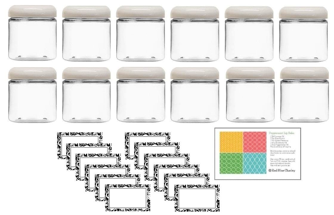 Clear 4 oz Plastic Jar with White Dome Lid (12 pk) with Labels