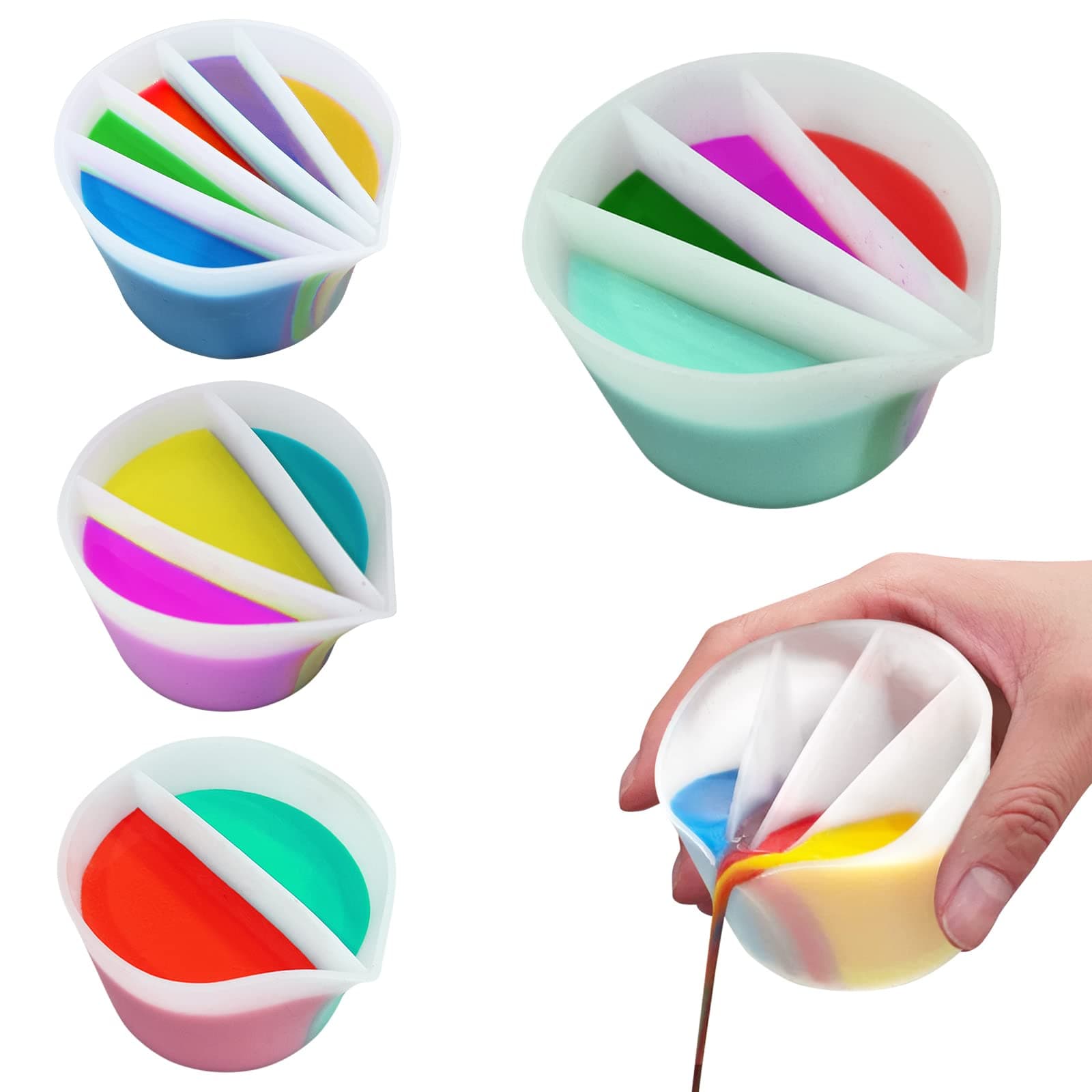 Split Cup for Paint Pouring Fluid Art Silicone Split Cup Resin Pouring Painting Tools DIY Making Drawing Accessories Reusable Split Cup with Dividers (4 Channels)