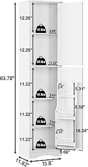 Function Home Tall Bathroom Storage Cabinet, 64" Slim Kitchen Pantry with Door Storage, Narrow Wood Freestanding Cabinets with Adjustable Shelves for Kitchen Living Room Dining Room, White