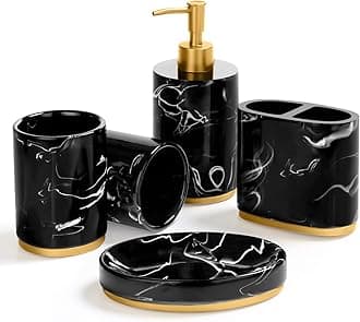 Bathroom Set, 5 Piece Bathroom Décor Counter Top Accessory Set, Liquid/Lotion/Soap Dispenser and Toothbrush Holder, Soap Dish and 2 Tumblers, Gold Base, Marble Look Imitated Resin Ensemble,Ink Black