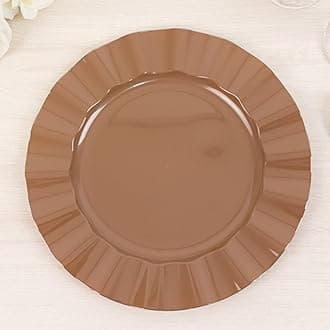 Efavormart 10 Pack Hard Plastic Large Dinner Plates with Gold Ruffled Rim, Heavy Duty Coffee Brown Disposable Round Dinnerware 11"