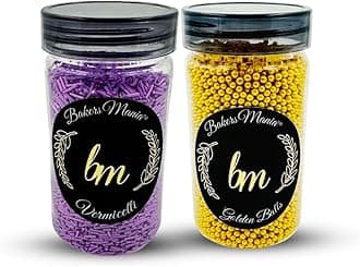 Bakers Mania Edible Sprinkle for Cake, Cupcake, Dessert, Pastry, Ice Cream, Brownies Decoration, Baking Cake Items (150 gm) (Golden Balls & Purple Vermicelli)