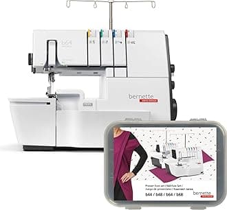 Bernette B64 Airlock Serger Overlocker with Air Threading | 1300SPM, 16 Stitches, Free Arm, LED Light, Free Hand System | 6 Overlock Foot Kit Extension Table