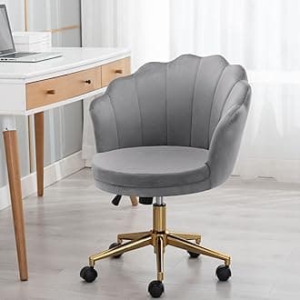 FurnilivingVelvet Vanity Chair Task Chair Thick Cushion Home Office Upholstered Makeup Adjustable Swivel Chair Seashell Back Roller Chair with Metal Legs for Bedroom Vanity Room (Grey)