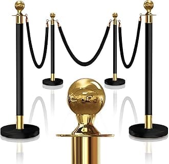 4PCS Black-Gold Stanchions Posts with 3PCS 5 ft Red Velvet Rope, Red Velvet Rope Stanchion Set Crowd Control Barriers, Stanchions and Velvet Ropes Red Carpet Poles for Party Supplies