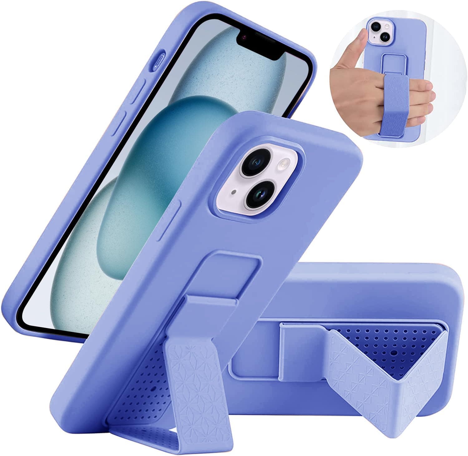 LAUDTEC Silicone Kickstand Case Compatible with iPhone 15, Vertical and Horizontal Stand Hand Strap Metal Kickstand Cover, Flexible Soft Liquid Silicone Stand Case for iPhone 15 (Purple)