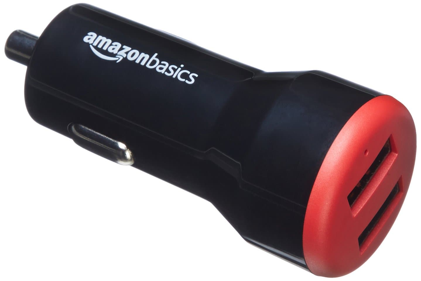 Amazon Basics 24W Dual USB Car Charger for Phones, 2-Port USB-A with LED Indicator, Small Size, Low Profile, Compatible with iPhone 16/15/14/13/12/11/X, Samsung, and more, Black/Red