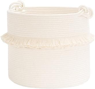 CherryNow Large Woven Storage Baskets – 16'' x 13'' Cotton Rope Decorative Hamper for Nursery, Toys, Blankets, and Laundry, Cute Tassel Nursery Decor - Home Storage Container Off-white