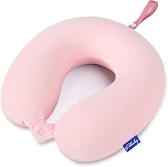Memory Foam Neck Pillows for Travel - Airplane Pillows for Sleeping with Attachable Snap Strap Soft Washable Cover, Flight Pillow for Traveling, Car, Office, Provide Head Neck Support Pink