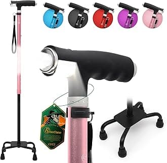 BeneCane Quad Cane Walking Cane with Two Led Lights with Big Base T Handle＆Lightweight Adjustable Walking Stick Four Pronged Sturdy for Men and Women