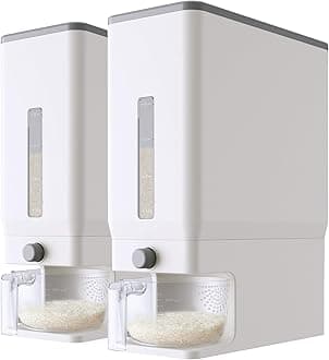 Lifewit 2 Pack Rice Dispenser 25 Lbs(11.3kg), Rice Storage Container Sealed Moisture Proof with Measuring Cup for Kitchen Pantry Household, BPA-Free, White