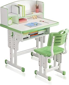 Kids' Table and Chair Set, Height Adjustable Ergonomic Study Desk With Large Storage Drawer, Built-in Bookshelf - Children's Computer Workstation, Bedroom Furniture