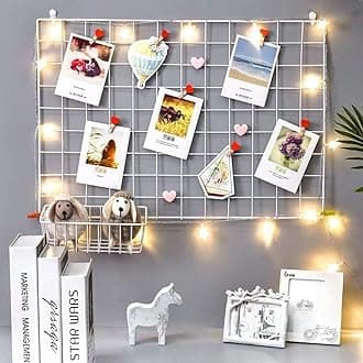 AVANI METROBUZZ Steel Rectangular Photo Collage Grid And 10 Wooden Deginer Clips|Photo Frame Grid Diy Mesh Wire Frame|Metal Hanging Aesthetic Moments Photo Wall Décor For Home Living Room(White)