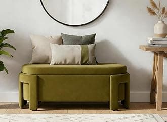 Modern Velvet Ottoman with Storage Entryway Bench for Living Room Comfy Upholstered End of Bed Bench with Safty Hinge for Bedroom/Living Room/Lounge/Corner, Olive