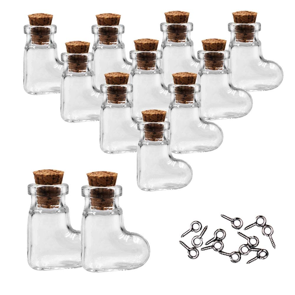 MIGK 12pcs Mini Tiny Clear Glass Jars Bottles Small Charm Vials with Cork Stoppers and Eye Screws for Party Favors Decoration, 1ml Empty Sample Jars Message Pendant Wish Bottle,Boot Shape