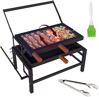 FLIP Large BBQ | Tongs & Oil Brush | Flipping Mechanism | Adjustable 4 Heat Levels | 17 x 22 x 19 inch | Lightweight & Strong Metal Frame | Home Charcoal Grill | Outdoor Barbeque | Colour: Black