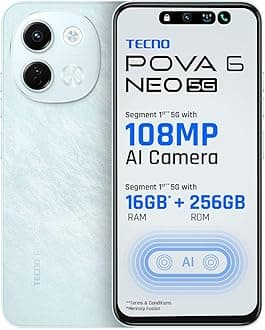 Tecno POVA 6 NEO 5G (Azure Sky, 8GB+256GB) | Advanced AI Features | 108MP Ultra Clear AI Camera | D6300 Powerful Processor | 5 Year Lag Free Fluency | 5000 mAh Battery | in Built Infrared and NFC