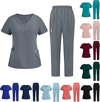 Scrubs for Women Set V-Neck Stretch Scrub Top & Drawstring Scrub Pant Nursing Uniforms Scrubs Sets with Pockets