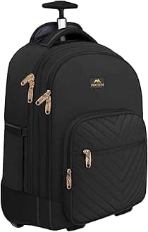 Rolling Backpack for Women, 17 inch Water Resistant Wheeled Laptop Backpack, Large Carry On Luggage Travel Backpack with Wheels, Trolley Suitcase Business Overnight Roller Bag for Adults, Black