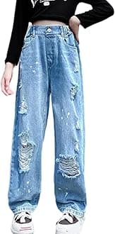 NABER Kids Girls Elastic Waist Cool Ripped Jeans Washed Denim Wide Leg Ripped Denim Jean Age 5-15 Years