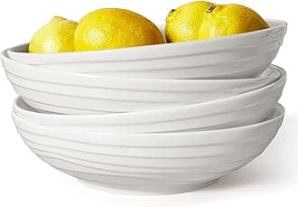 Artena Pasta Bowls 32oz, Ceramic Large Salad Bowls 8 inch, Soup Bowls Set of 4, White Serving Bowls for Entertaining, Wide Shallow Dinner Bowls Plates, Microwave Dishwasher Oven Safe, Embossed Circle