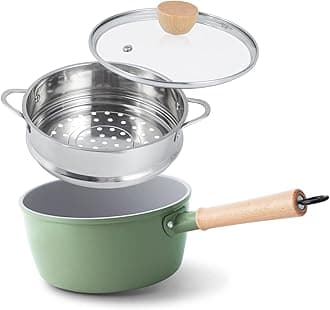 Ceramic Nonstick Sauce Pan, 3 QT Pot with Steamer, Non Toxic & PFAS-Free, Wooden Handle for Cool Touch, Universal Base(Gas, Electric & Induction), Green